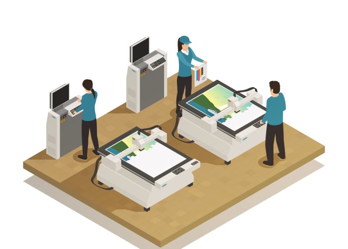 Computerized large format digital press equipment and operators in modern printing house facility isometric composition vector illustration